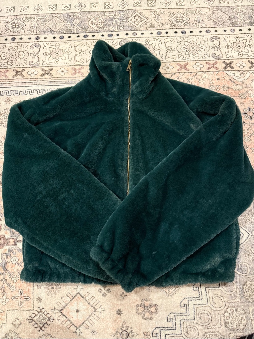 Womens Dark Green Plush Zip-Up Jacket